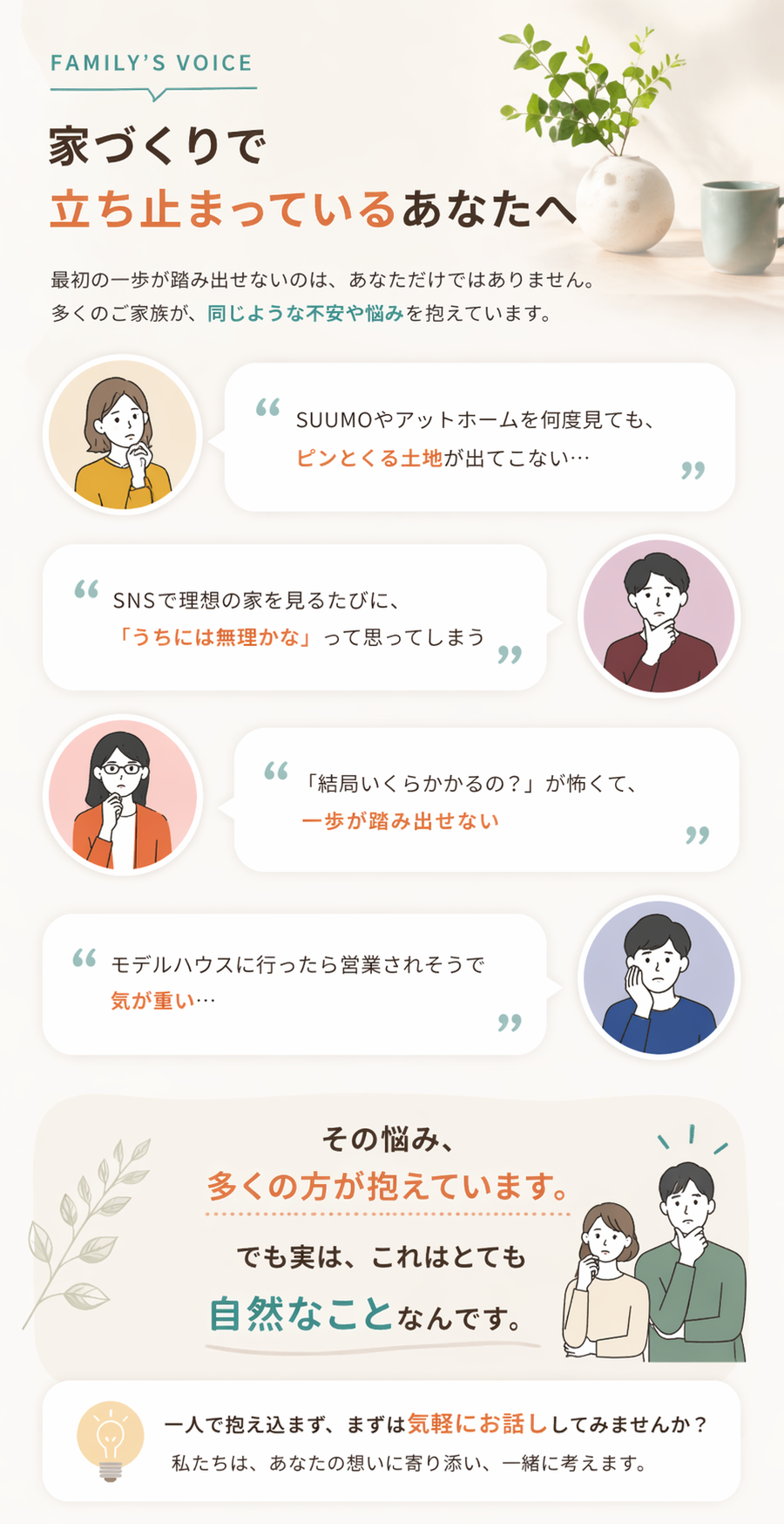 見出し「家づくりで立ち止まっているあなたへ」。SUUMOやアットホームでピンとくる土地が出てこない、SNSの理想の家と比べてしまう、総額がわからず一歩が踏み出せない、モデルハウスが不安、といった4つの声の吹き出しと、「その悩みは多くの方が抱えている自然なこと」と締めるコピー。